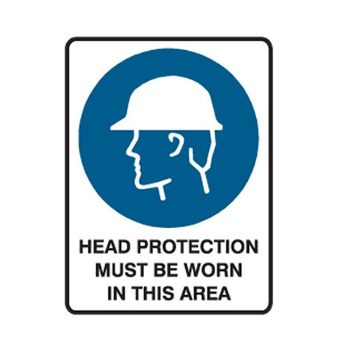 Brady Mandatory Sign - Head Protection Must Be Worn In This Area, H600mm x W450mm, Metal, White/Blue
