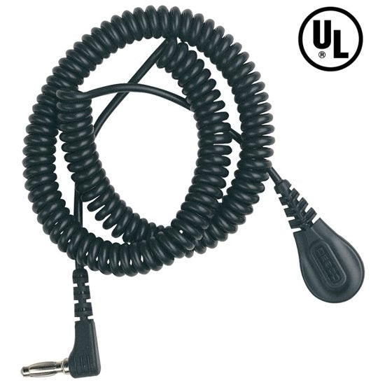 Desco 91095 Coil Cord w/ 4 MM Snap to Right Angle Banana Plug, 6' Cord, Black