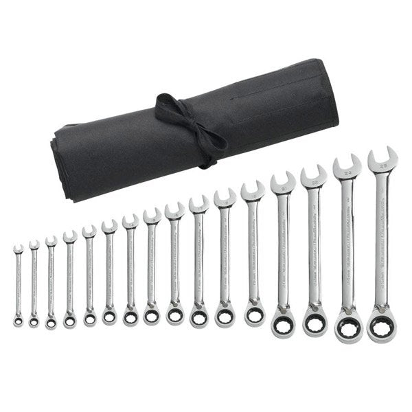 GearWrench 16 Pc. 12 Point Reversible Ratcheting Combination Metric Wrench Set with Tool Roll