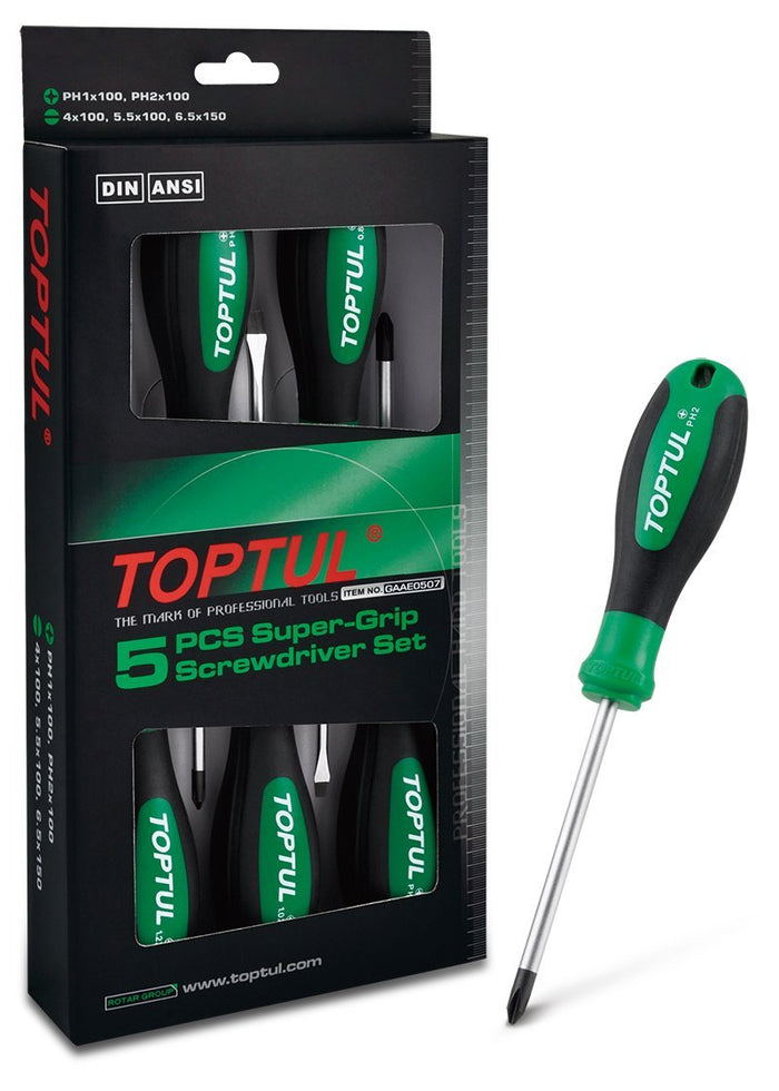 Toptul 5 Pce Slotted & Phillips Super-Grip Screwdriver Set