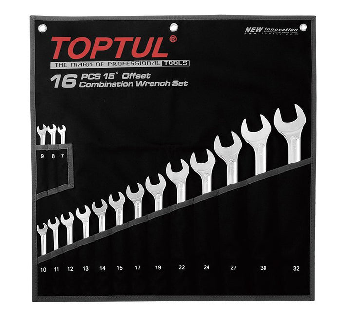 Toptul 16 Pce 15Â° Offset Super-Torque Combination Spanner Set Metric