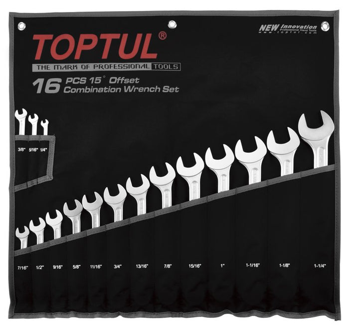 Toptul 16 Pce 15Â° Offset Super-Torque Combination Spanner Set SAE