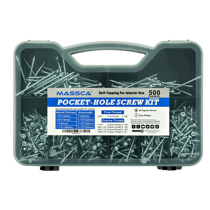 Massca Pocket-Hole Screw Kit (Self-Tapping Zinc Plated), 500pk