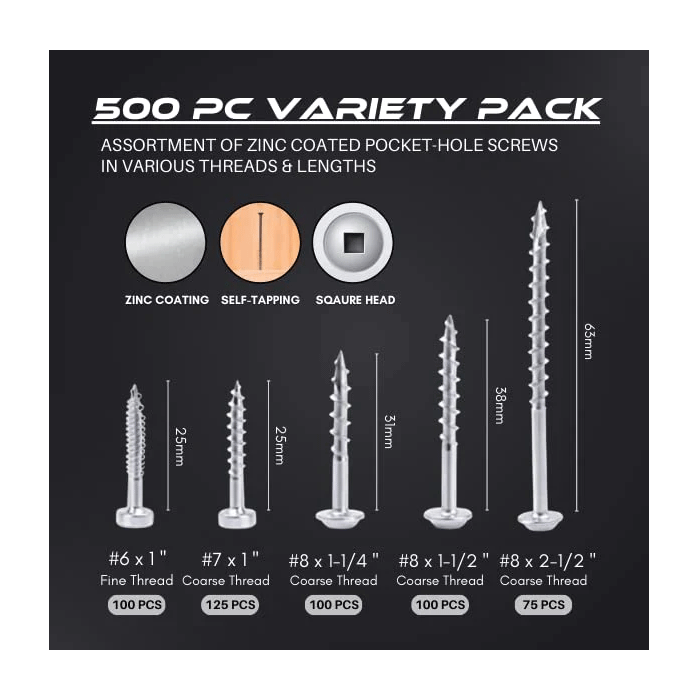 Massca Pocket-Hole Screw Kit (Self-Tapping Zinc Plated), 500pk