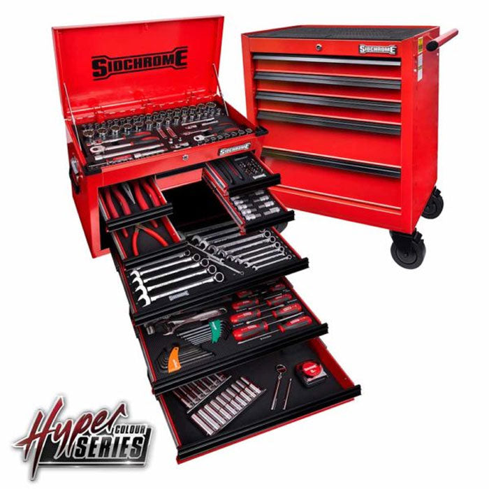 Sidchrome 204pc Metric/AF Tool Kit Red Metallic (8 Drawer Chest & 5 Drawer Cabinet)