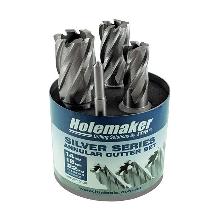 Holemaker Silver Series Annular Cutter 3 Pce Set Metric Short 14, 18, 22 & Pin