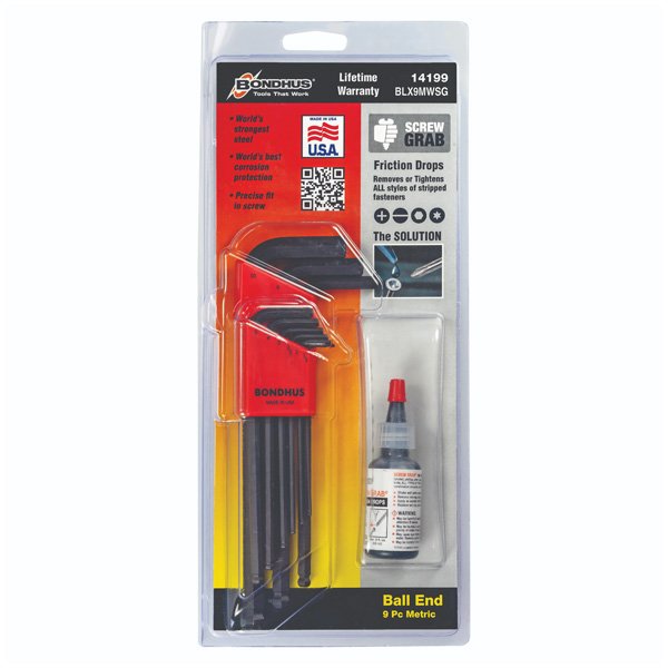 Bondhus 9 Pce Metric Ball End Hex Key Set 1.5-10mm With Screw Grab