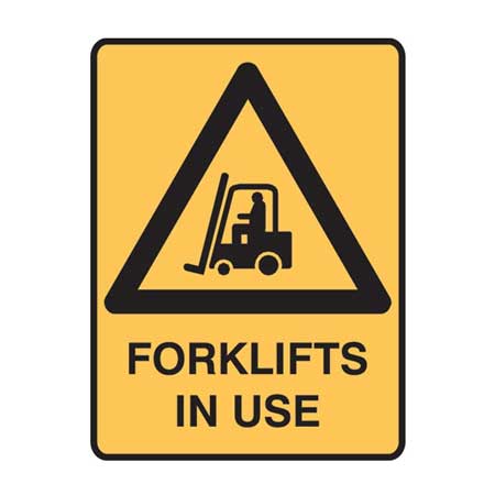 Brady Warning Sign - Forklifts In Use, H250mm x W180mm, Self Adhesive Vinyl, Yellow/Black