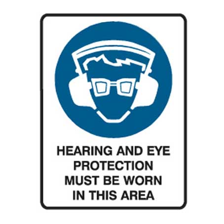 Brady Mandatory Sign - Hearing And Eye Protection Must Be Worn In This Area, H600mm x W450mm, Polypropylene, White/Blue