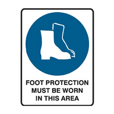 Brady Mandatory Sign - Foot Protection Must Be Worn In This Area, H600mm x W450mm, Polypropylene, White/Blue