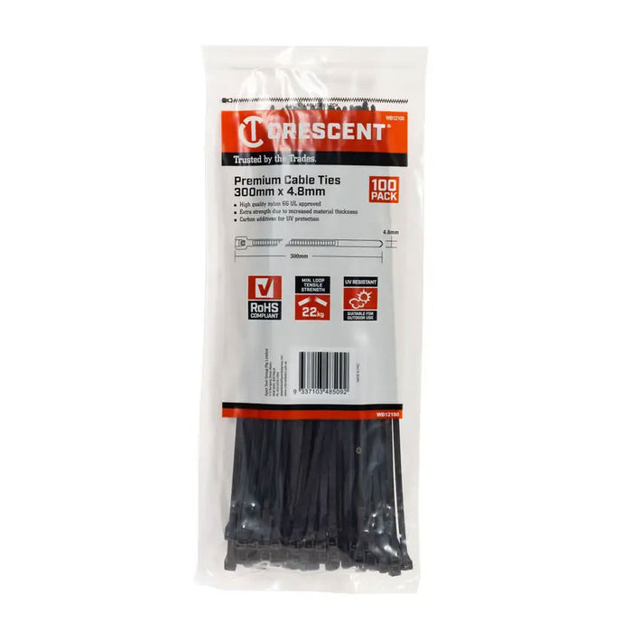 Crescent Cable Ties 300mm x 4.8mm Black 100Pk