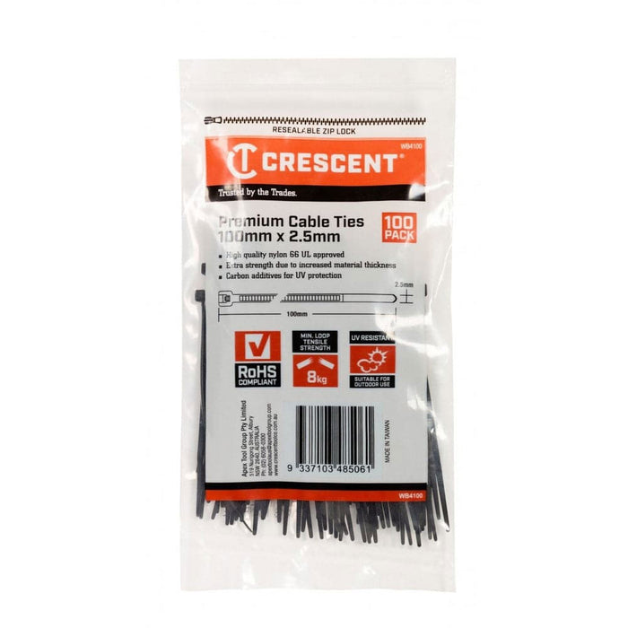 Crescent Cable Ties 100mm x 2.5mm Black 100Pk