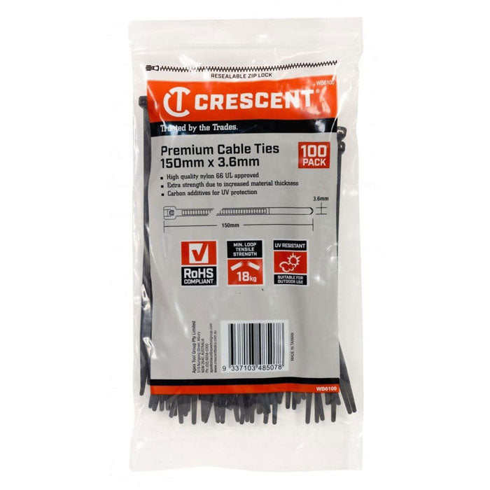 Crescent Cable Ties 150mm x 3.6mm Black 100Pk
