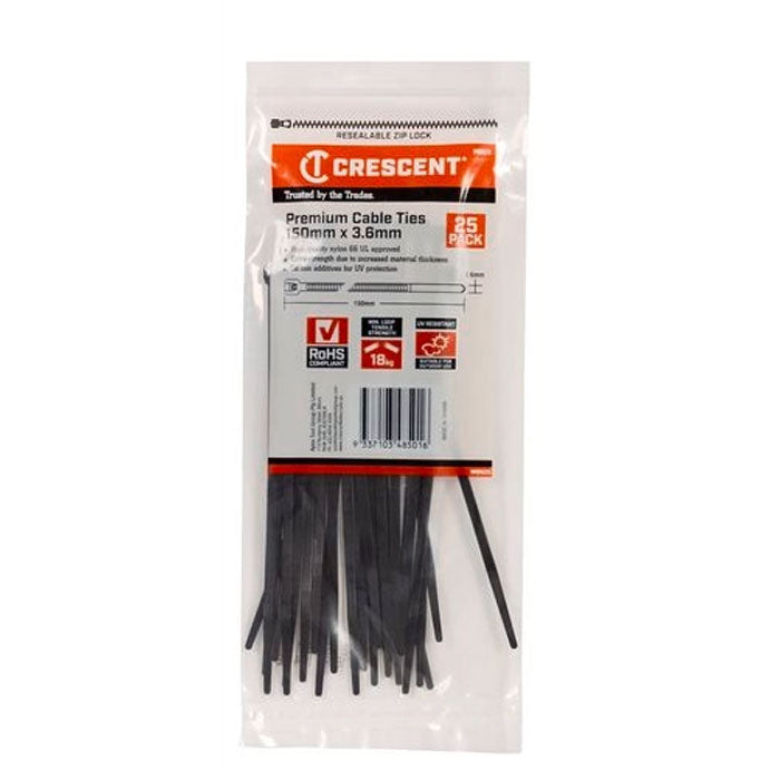 Crescent Cable Ties 150mm x 3.6mm Black 25Pk