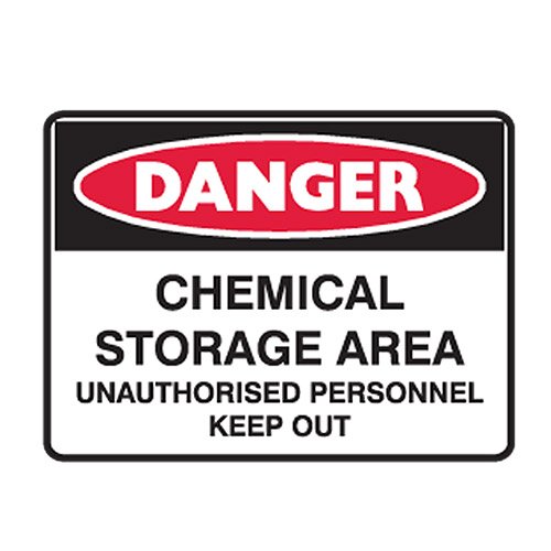 Brady Danger Sign - Chemical Storage Area Unathorised Personnel Keep Out, H180mm x W250mm, Self Adhesive Vinyl, White/Red/Black