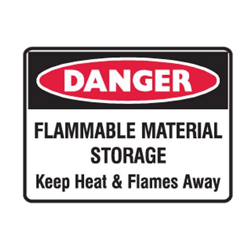 Brady Danger Sign - Flammable Material Storage Keep Heat & Flames Away, H225mm x W300mm, Metal, White/Red/Black