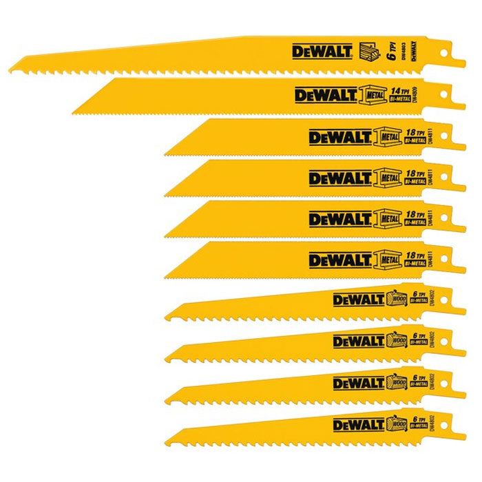 Dewalt Bi-Metal 10 Pce Reciprocating Saw Blade Set with Tough Case