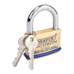 Draper Tools Solid Brass Padlock and 2 Keys with Mushroom Pin Tumblers Hardened Steel Shackle and Bumper