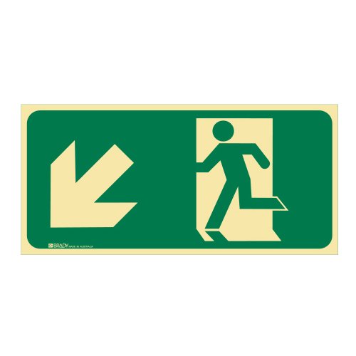 Brady Exit Sign - Running Man Arrow Bottom Left, H180mm x W450mm, Luminous Self Adhesive Vinyl, White/Green