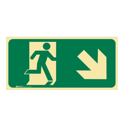 Brady Exit Sign - Running Man Arrow Bottom Right, H180mm x W450mm, Luminous Self Adhesive Vinyl, White/Green