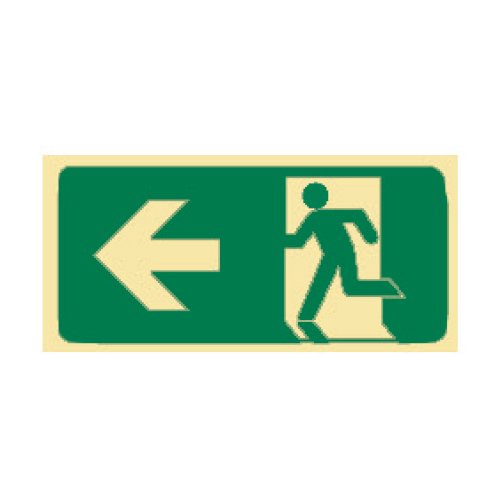 Brady Exit Sign - Running Man Arrow Left, H180mm x W450mm, Luminous Self Adhesive Vinyl, White/Green