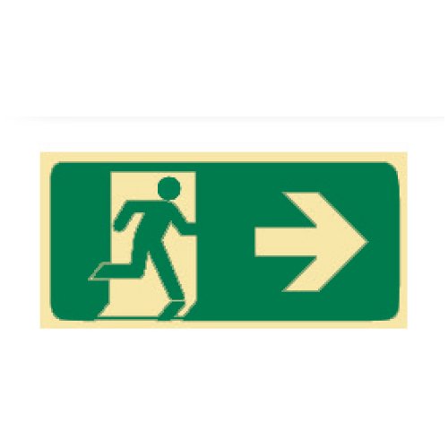 Brady Exit Sign - Running Man Arrow Right, H180mm x W450mm, Luminous Self Stick Adhesive, White/Green