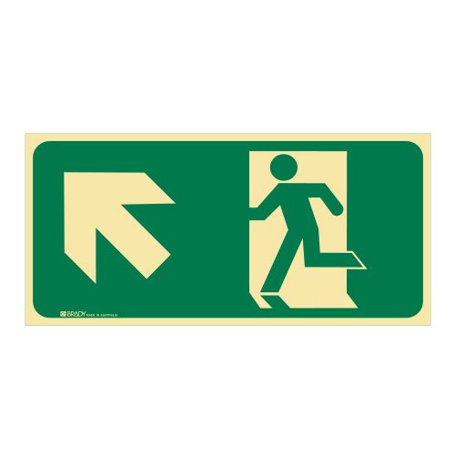 Brady Exit Sign - Running Man Arrow Top Left, H180mm x W450mm, Luminous Self Adhesive Vinyl, White/Green