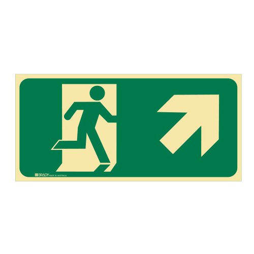 Brady Exit Sign - Running Man Arrow Top Right, H180mm x W450mm, Luminous Self Adhesive Vinyl, White/Green