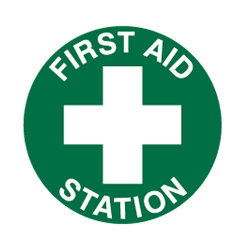 Brady Floor Sign - First Aid Station, 440mm Diameter, Self Adhesive Vinyl, White/Green