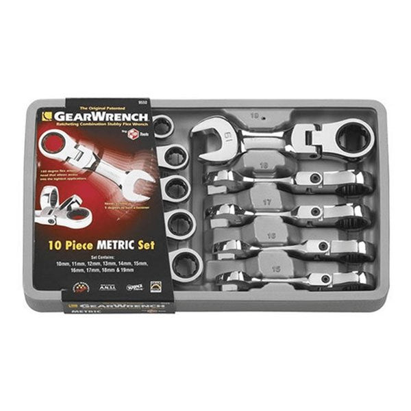 GearWrench 12pt Stubby Flex Head Ratcheting Combination Metric Wrench Set 10 Pce