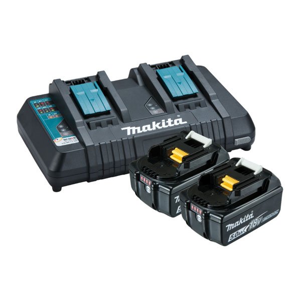 Makita Same Time Dual Port Rapid Charger with 2 x 5.0Ah fuel gauge battery