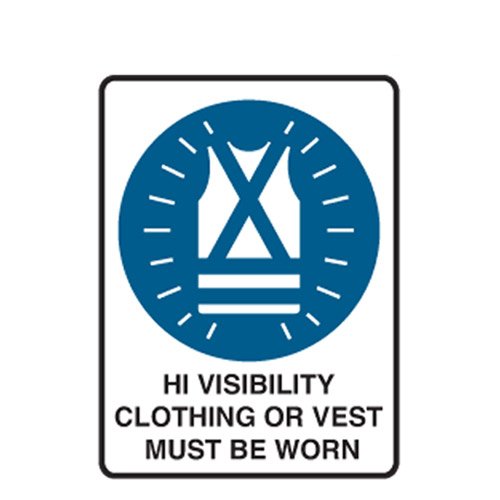 Brady Mandatory Sign - Hi-Visibility Clothing Or Vest Must Be Worn, H250mm x W180mm, Self Adhesive Vinyl, White/Blue
