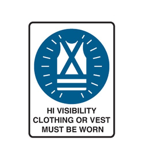 Brady Mandatory Sign - Hi-Visibility Clothing Or Vest Must Be Worn, H300mm x W225mm, Metal, White/Blue