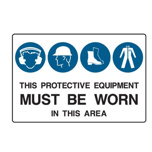 Brady Mandatory Sign - This Protective Equipment Must Be Worn In This Area, H600mm x W900mm, Metal, White/Blue