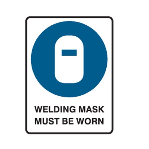 Brady Mandatory Sign - Welding Mask Must Be Worn, H300mm x W225mm, Metal, White/Blue