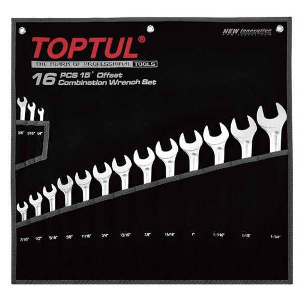 Toptul 16pc Offset Hi-Performance Combination Spanner Set - Imperial