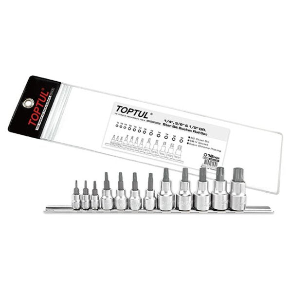 Toptul 12pc 1/4in 3/8in 1/2in Dr. Star (Torx) Bit Socket Rail Set