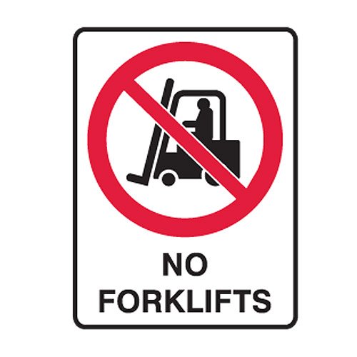 Brady Prohibition Sign - No Forklifts, H250mm x W180mm, Self Adhesive Vinyl, White/Red/Black