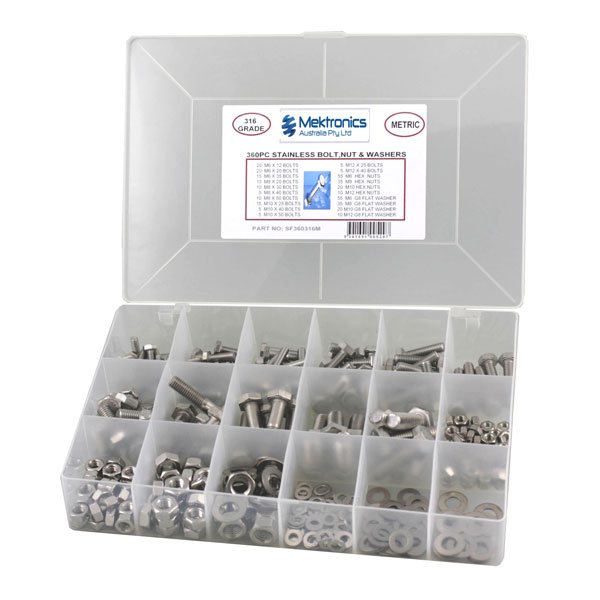 Securefix Bolts, Nuts & Washers - Hex Stainless Steel 316 Metric, 360 Pce
