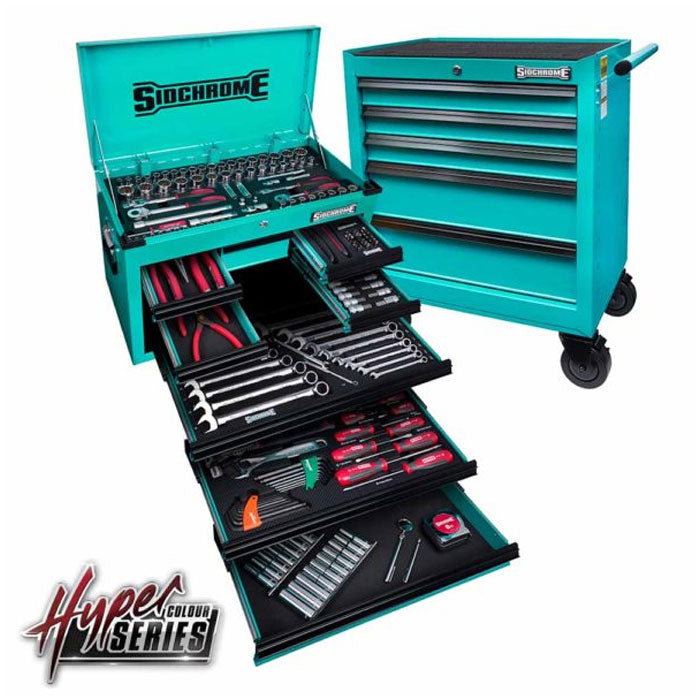 Sidchrome 204pc Metric/AF Tool Kit Teal Metallic (8 Drawer Chest & 5 Drawer Cabinet)