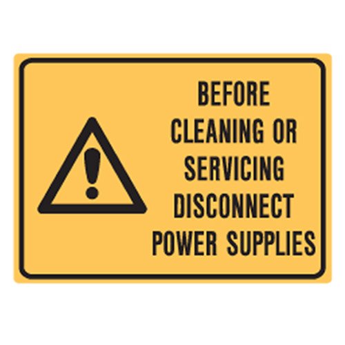 Brady Small Stick On Labels - Before Cleaning Or Servicing Disconnect Power Supply, H90mm x W125mm, Self Adhesive Vinyl, Yellow/Black