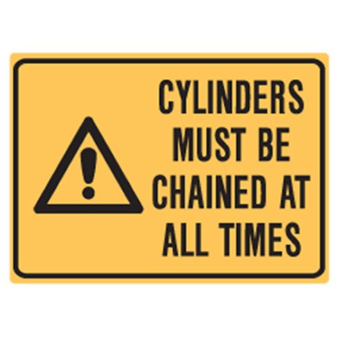 Brady Small Stick On Labels - Cylinders Must Be Chained At All Times, H90mm x W125mm, Self Adhesive Vinyl, Yellow/Black