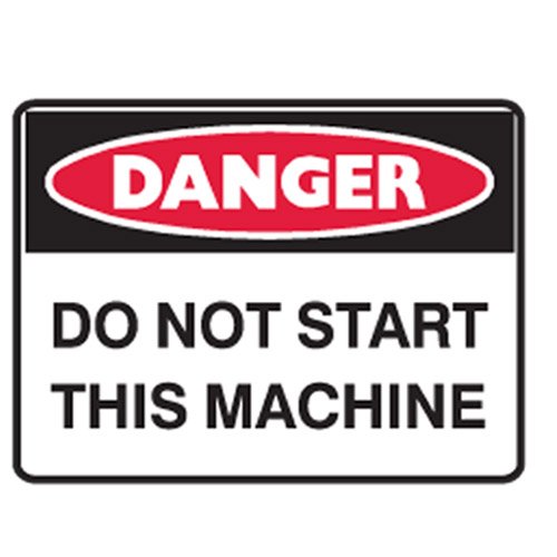 Brady Small Stick On Labels - Danger Do Not Start Machine, H90mm x W125mm, Self Adhesive Vinyl, White/Red/Black