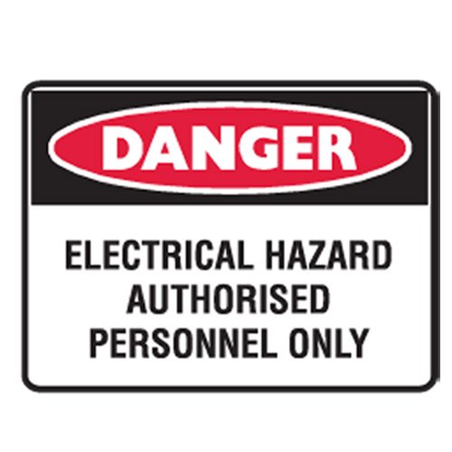 Brady Small Stick On Labels - Danger Electrical Hazard Authorised Personnel Only, H90mm x W125mm, Self Adhesive Vinyl, White/Red/Black