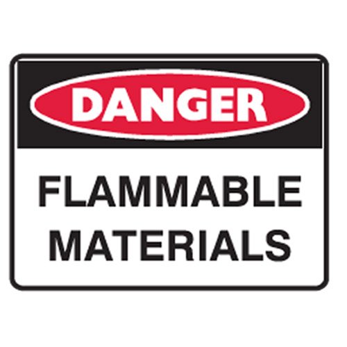Brady Small Stick On Labels - Danger Flammable Materials, H90mm x W125mm, Self Adhesive Vinyl, White/Red/Black