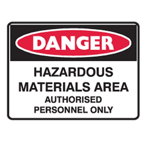 Brady Small Stick On Labels - Danger Hazardous Materials Area Authorised Personnel Only, H90mm x W125mm, Self Adhesive Vinyl, White/Red/Black