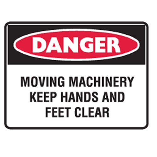 Brady Small Stick On Labels - Danger Moving Machinery Keep Hands And Feet Clear, H90mm x W125mm, Self Adhesive Vinyl, White/Red/Black
