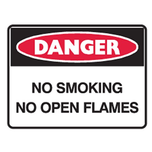 Brady Small Stick On Labels - Danger No Smoking No Open Flames, H90mm x W125mm, Self Adhesive Vinyl, White/Red/Black