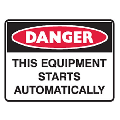 Brady Small Stick On Labels - Danger This Equipment Starts Automatically, H45mm x W38mm, Self Adhesive Vinyl, White/Red/Black