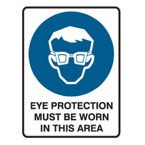 Brady Small Stick On Labels - Eye Protection Must Be Worn In This Area, H90mm x W55mm, Self Adhesive Vinyl, White/Blue/Black
